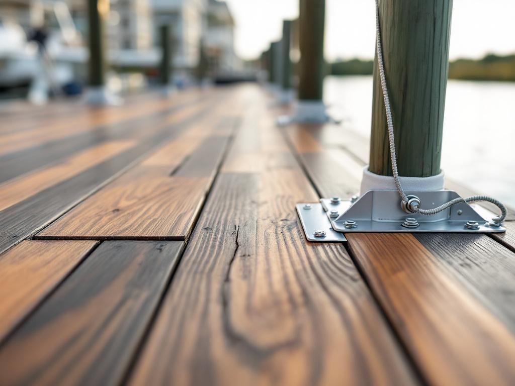 Close-up of composite dock decking with marine-grade hardware and PVC pile wrap