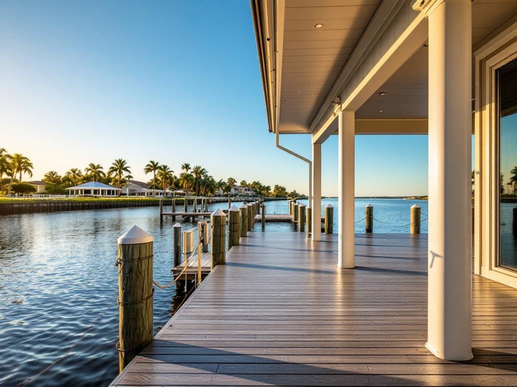Custom dock with composite decking on a Gulf access canal waterfront home in Cape Coral, Florida