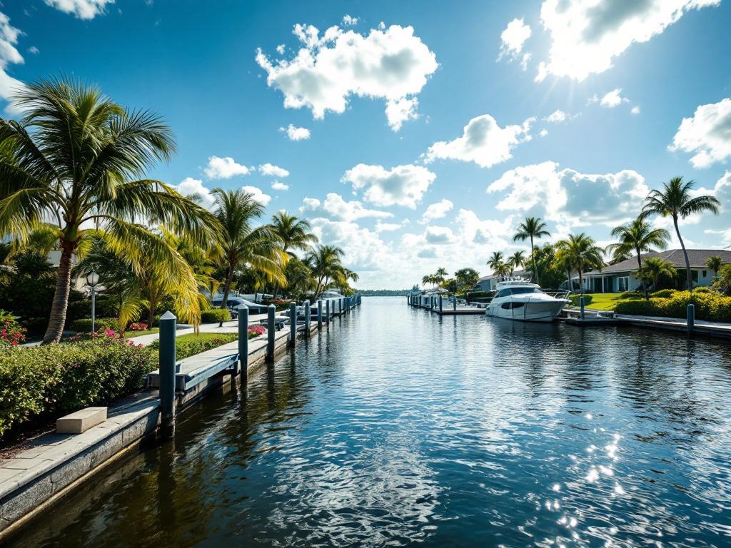 Cape Coral, Florida waterfront scenery with Gulf access canal and palm trees